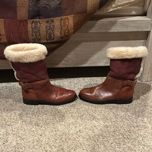 Timberland brown leather winter Sherpa trim pull on boots sz 7